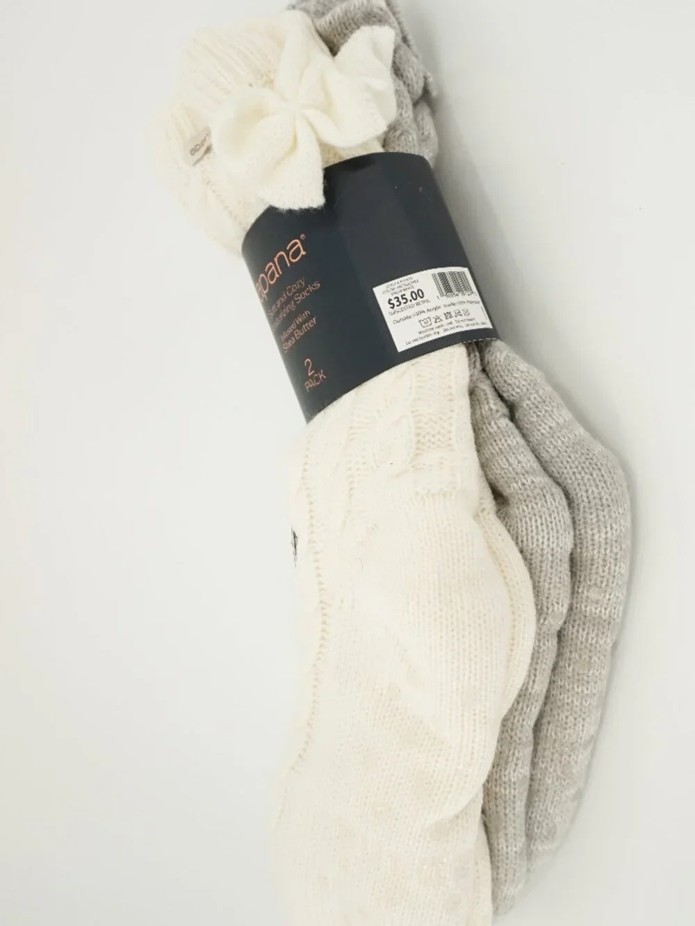 Apana Moisturizing Socks Shea Butter 2 Pack Lounge Socks With Bows OS